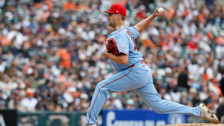 Apr 4, 2026; Detroit, Michigan, USA;  St. Louis Cardinals pitcher Matt Svanson (49) pitches in the fifth inning against the Detroit Tigersat Comerica Park. Mandatory Credit: Rick Osentoski-Imagn Images