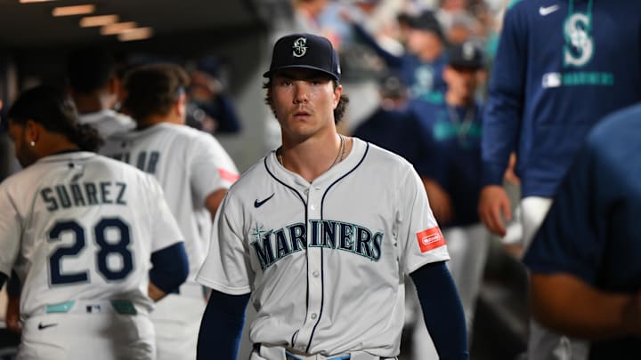 Sep 13, 2025; Seattle, Washington, USA; Seattle Mariners starting pitcher Bryan Woo (22) in the dugout during the sixth inning against the Los Angeles Angels at T-Mobile Park. Mandatory Credit: Steven Bisig-Imagn Images