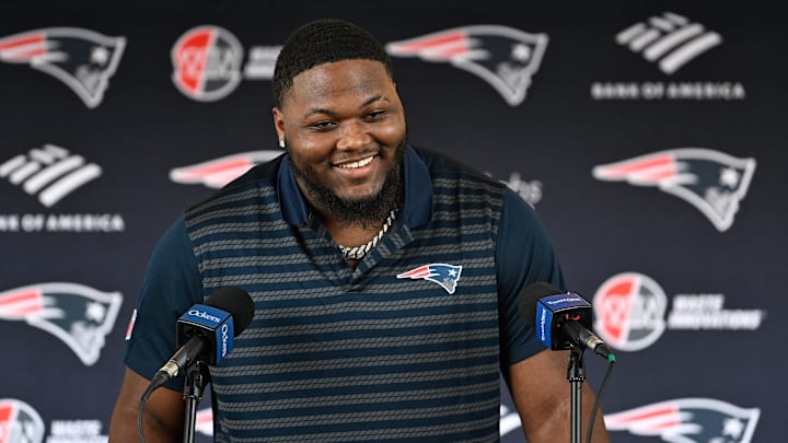 Mar 13, 2025; Foxborough, MA, USA; New England Patriots defensive tackle Milton Williams discusses his recent free agent addition to the Patriots with the media at Gillette Stadium. Mandatory Credit: Eric Canha-Imagn Images