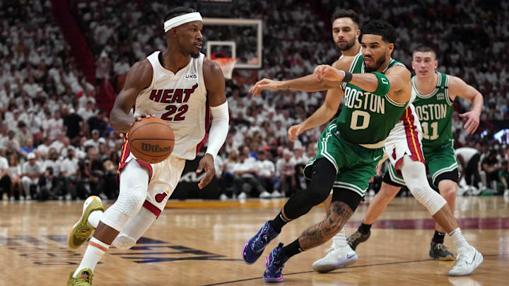 May 17, 2022; Miami, Florida, USA; Miami Heat forward Jimmy Butler (22) moves the ball up court