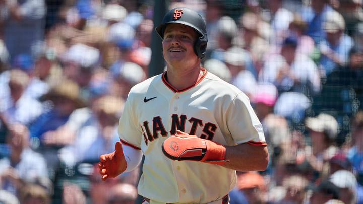 Jun 14, 2026; San Francisco, California, USA; San Francisco Giants infielder Matt Chapman (26) reacts after scoring a run on an RBI single hit by infielder Bryce Eldridge (not pictured) against the Chicago Cubs during the seventh inning at Oracle Park. Mandatory Credit: Robert Edwards-Imagn Images Jun 14, 2026; San Francisco, California, USA; San Francisco Giants infielder Matt Chapman (26) reacts after scoring a run on an RBI single hit by infielder Bryce Eldridge (not pictured) against the Chicago Cubs during the seventh inning at Oracle Park. Mandatory Credit: Robert Edwards-Imagn Images