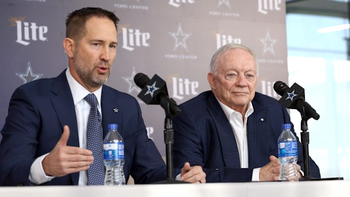 Jan 27, 2025; Frisco, TX, USA;   Dallas Cowboys Head Coach Brian Schottenheimer and owner Jerry Jones speak to the media at a press conference at the Star.