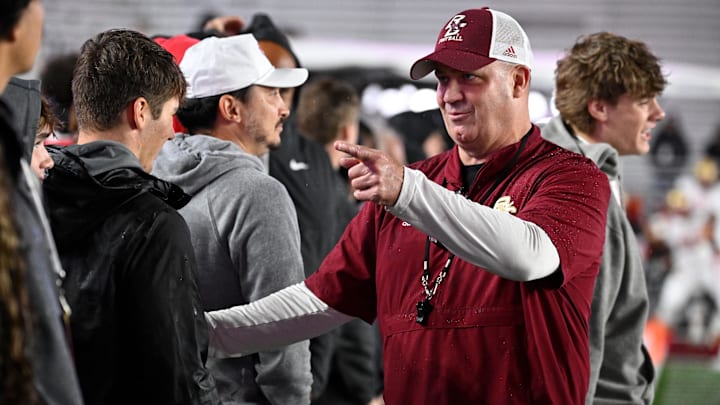 Sep 21, 2024; Chestnut Hill, Massachusetts, USA; Boston College Eagles head coach Bill O'Brien greets fans before a game against the Michigan State Spartans at Alumni Stadium. Mandatory Credit: Eric Canha-Imagn Images