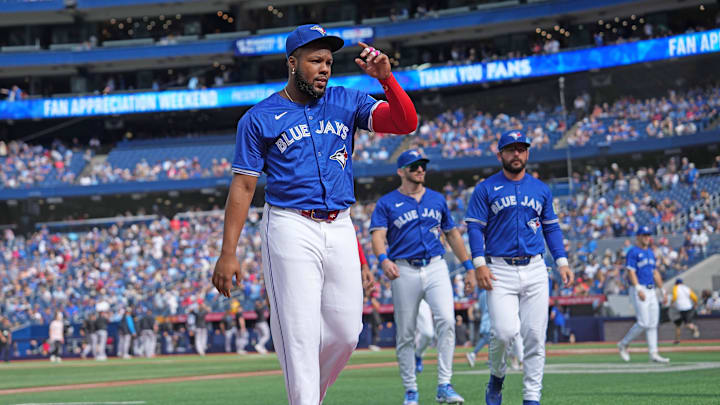Sep 29, 2024; Toronto, Ontario, CAN; Toronto Blue Jays designated hitter Vladimir Guerrero Jr. (27) walks back to the dugout before the start of a game against the Miami Marlins at Rogers Centre. Mandatory Credit: Nick Turchiaro-Imagn Images Sep 29, 2024; Toronto, Ontario, CAN; Toronto Blue Jays designated hitter Vladimir Guerrero Jr. (27) walks back to the dugout before the start of a game against the Miami Marlins at Rogers Centre. Mandatory Credit: Nick Turchiaro-Imagn Images