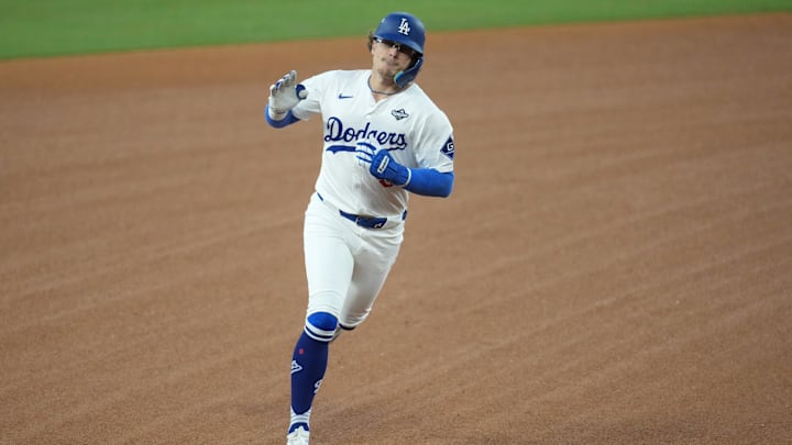 Oct 29, 2025; Los Angeles, California, USA; Los Angeles Dodgers first baseman Enrique Hernandez (8) runs after hitting a home run against the Toronto Blue Jays in the third inning during game five of the 2025 MLB World Series at Dodger Stadium. Mandatory Credit: Kirby Lee-Imagn Images