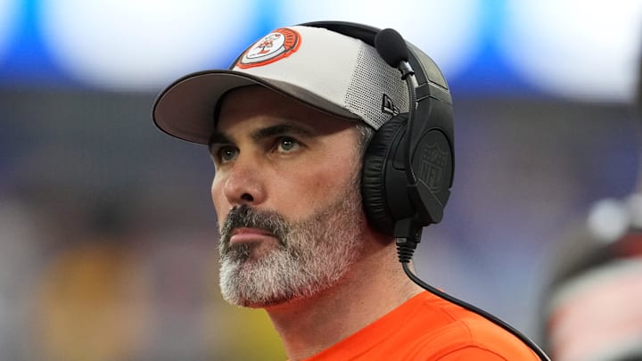Dec 3, 2023; Inglewood, California, USA; Cleveland Browns coach Kevin Stefanski watches from the sidelines against the Los Angeles Rams in the first half at SoFi Stadium.