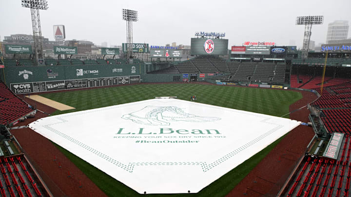 Jul 27, 2025; Boston, Massachusetts, USA; A general view of the tarp covering the infield of Fenway Park before a game between the Los Angeles Dodgers and the Boston Red Sox. Mandatory Credit: Brian Fluharty-Imagn Images