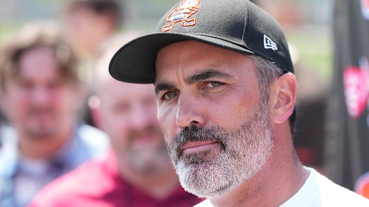 Cleveland Browns head coach Kevin Stefanski meets with the media before practice at the Browns' training facility in Berea, Ohio. Mandatory Credit: Bob Donnan-Imagn Images