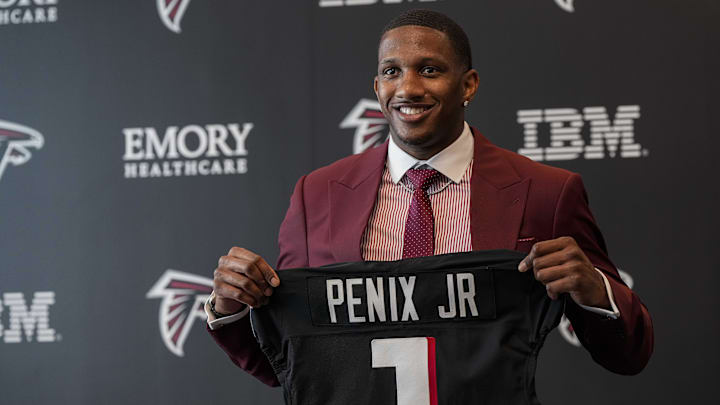 Apr 26, 2024; Flowery Branch, GA, USA; Atlanta Falcons first round draft pick quarterback Michael
