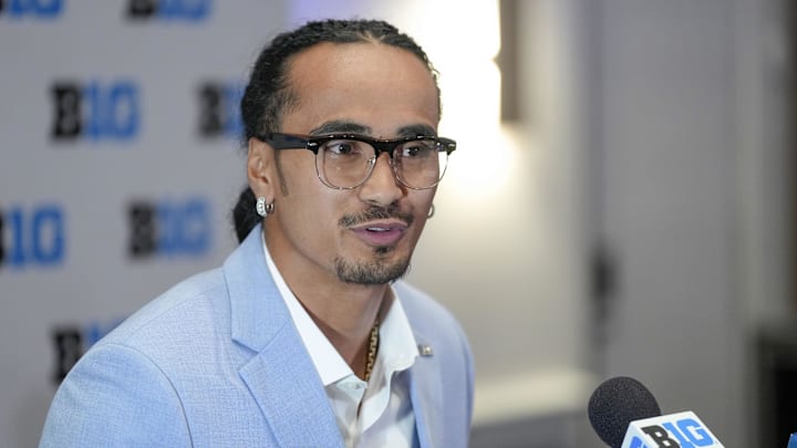 Jul 24, 2025; Las Vegas, NV, USA; UCLA quarterback Nico Iamaleava speaks to the media during the Big Ten NCAA college football media days at Mandalay Bay Resort. Mandatory Credit: Lucas Peltier-Imagn Images