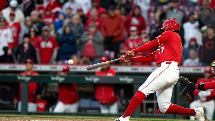 Cincinnati Reds outfielder Dane Myers (17) hits a walk off base hit in the eleventh inning between the Cincinnati Reds and Boston Red Sox at Great American Ball Park in Cincinnati on Saturday, March 28, 2026. Cincinnati Reds outfielder Dane Myers (17) hits a walk off base hit in the eleventh inning between the Cincinnati Reds and Boston Red Sox at Great American Ball Park in Cincinnati on Saturday, March 28, 2026.
