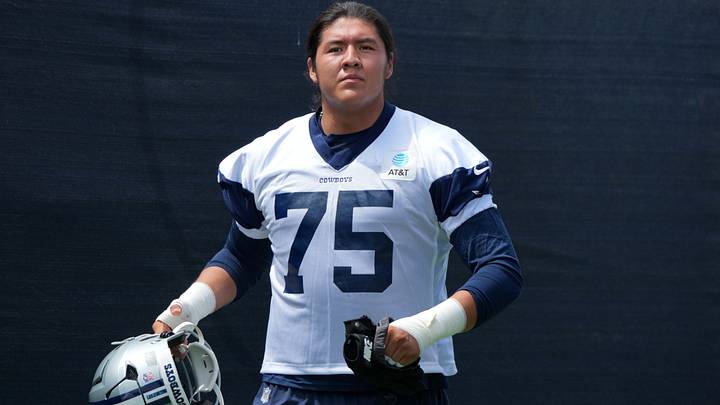 Dallas Cowboys offensive tackle Shiyazh Pete (75) at training camp at River Ridge Playing Fields. Mandatory Credit: Kirby Lee-Imagn Images Dallas Cowboys offensive tackle Shiyazh Pete (75) at training camp at River Ridge Playing Fields. Mandatory Credit: Kirby Lee-Imagn Images