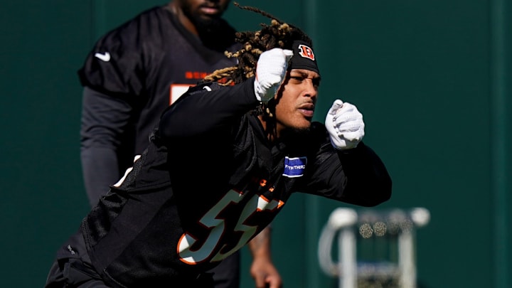 Bengals defensive end Cashius Howell (55) runs through a drill during a rookie mini camp workout at the Bengals practice facility in downtown Cincinnati on Friday, May 8, 2026.