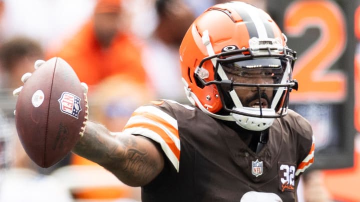 Sep 24, 2023; Cleveland, Ohio, USA; Cleveland Browns wide receiver Elijah Moore (8) signals for a first down following a reception during the second quarter at Cleveland Browns Stadium. Mandatory Credit: Scott Galvin-USA TODAY Sports