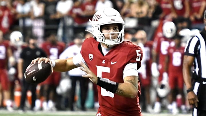 Sep 6, 2025; Pullman, Washington, USA; Washington State Cougars quarterback Jaxon Potter (5) throws a pass against the San Diego State Aztecs in the first half at Gesa Field at Martin Stadium. Mandatory Credit: James Snook-Imagn Images