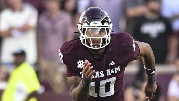 Sep 27, 2025; College Station, Texas, USA; Texas A&M Aggies defensive end Marco Jones (10) runs down field during the fourth quarter against the Auburn Tigers at Kyle Field. Mandatory Credit: Maria Lysaker-Imagn Images 