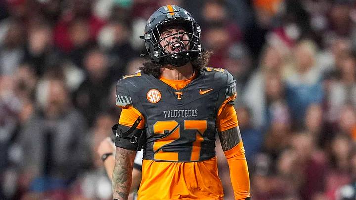 Tennessee linebacker Jadon Perlotte (27) yells in celebration after a tackle during a NCAA football game between Tennessee Volunteers and New Mexico State Aggies at Neyland Stadium in Knoxville, Tenn., on Nov. 15, 2025. Tennessee linebacker Jadon Perlotte (27) yells in celebration after a tackle during a NCAA football game between Tennessee Volunteers and New Mexico State Aggies at Neyland Stadium in Knoxville, Tenn., on Nov. 15, 2025.