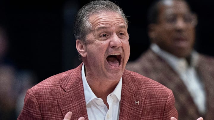 Arkansas coach John Calipari argues a call during their semifinal game of the 2026 SEC Men’s Basketball Tournament against Mississippi at Bridgestone Arena in Nashville, Tenn., Saturday, March 14, 2026.