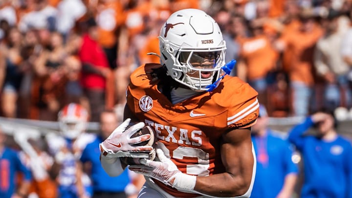 Texas Longhorns running back Jaydon Blue (23) carries the ball in the second quarter of the Longhorns' game against the Florida Gators, Nov. 9, 2024 at Darrell K. Royal Texas Memorial Stadium in Austin.