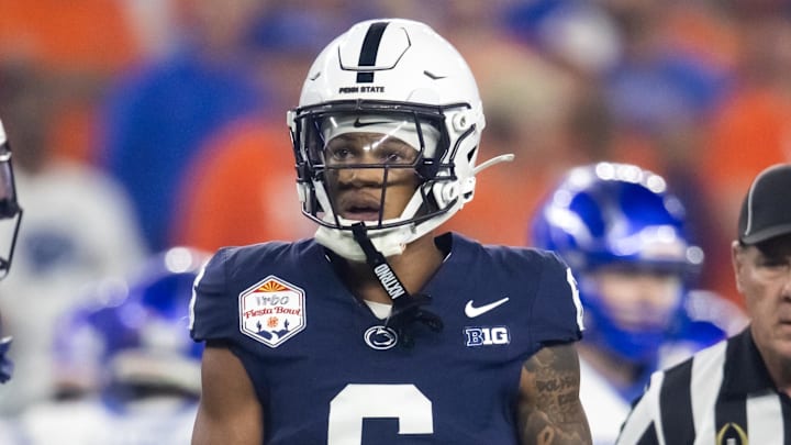 Dec 31, 2024; Glendale, AZ, USA; Penn State Nittany Lions safety Zakee Wheatley (6) against the Boise State Broncos during the Fiesta Bowl at State Farm Stadium. Mandatory Credit: Mark J. Rebilas-Imagn Images