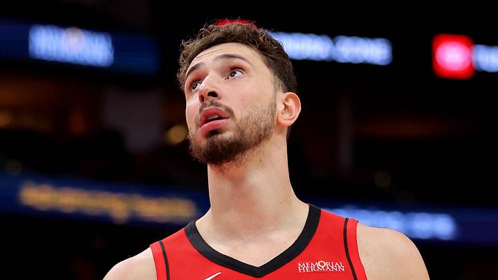 May 1, 2026; Houston, Texas, USA; Houston Rockets center Alperen Sengun (28) reacts after a call against the Los Angeles Lakers during the fourth quarter of game six of the first round of the 2026 NBA Playoffs at Toyota Center. Mandatory Credit: Erik Williams-Imagn Images