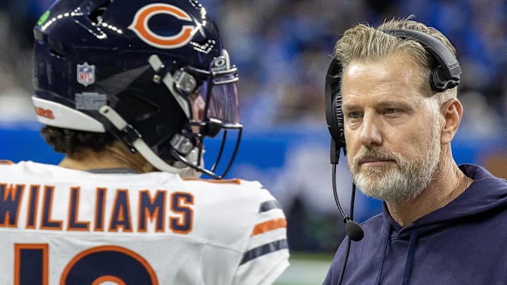 Quarterback Caleb Williams consults with Matt Eberflus along the sidelines in the second half of Thursday's Bears loss. Quarterback Caleb Williams consults with Matt Eberflus along the sidelines in the second half of Thursday's Bears loss.