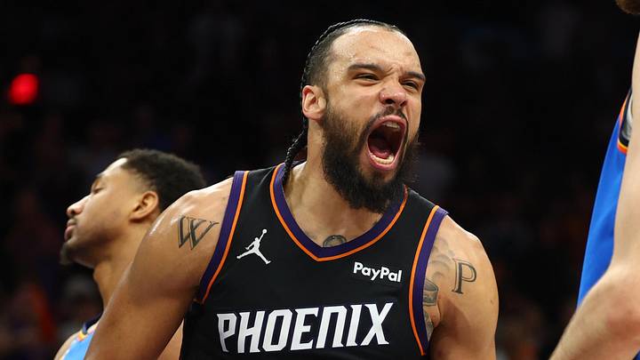 Apr 27, 2026; Phoenix, Arizona, USA; Phoenix Suns forward Dillon Brooks (3) celebrates against the Oklahoma City Thunder during game four of the first round of the 2026 NBA Playoffs at Mortgage Matchup Center. Mandatory Credit: Mark J. Rebilas-Imagn Images
