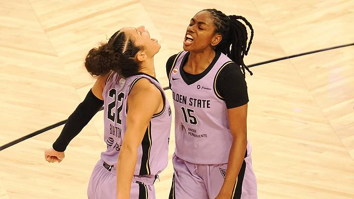 Oct 26, 2026; San Francisco, California, USA; Golden State Valkyries guard Tiffany Hayes (15) celebrates with guard Veronica Burton (22) after scoring a basket against the Atlanta Dream during the third quarter of game five of the 2026 WNBA Finals at Chase Center. Mandatory Credit: Kelley L Cox-Imagn Images Oct 26, 2026; San Francisco, California, USA; Golden State Valkyries guard Tiffany Hayes (15) celebrates with guard Veronica Burton (22) after scoring a basket against the Atlanta Dream during the third quarter of game five of the 2026 WNBA Finals at Chase Center. Mandatory Credit: Kelley L Cox-Imagn Images