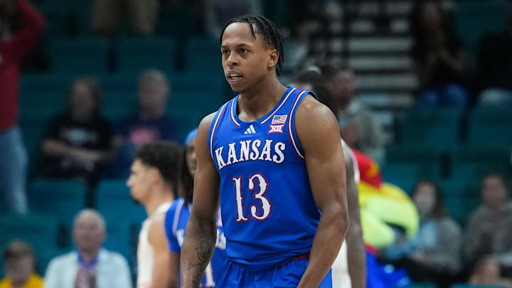 Nov 26, 2025; Las Vegas, NV, USA; Kansas Jayhawks guard Elmarko Jackson (13) reacts in the second half against the Tennessee Volunteers in the 2025 Players Era Festival third place game at MGM Grand Garden Arena. Mandatory Credit: Kirby Lee-Imagn Images
