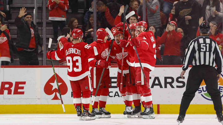 Jan 10, 2025; Detroit, Michigan, USA; The Detroit Red Wings celebrate a goal in the third period of the game against the Chicago Blackhawks at Little Caesars Arena. Mandatory Credit: Brian Bradshaw Sevald-Imagn Images