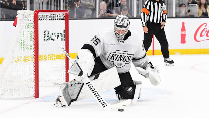 Oct 12, 2024; Boston, Massachusetts, USA;  Los Angeles Kings goaltender Darcy Kuemper (35) makes a save during the first period against the Boston Bruins at TD Garden. Mandatory Credit: Bob DeChiara-Imagn Images