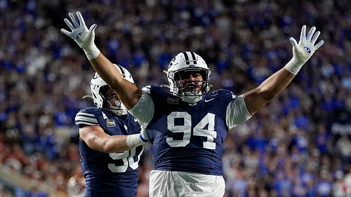 Oct 9, 2026; Provo, Utah, USA; BYU Cougars defensive tackle Anisi Purcell (94) celebrates a sack during the second half against the Iowa State Cyclones at LaVell Edwards Stadium. Mandatory Credit: Aaron Baker-Imagn Images Oct 9, 2026; Provo, Utah, USA; BYU Cougars defensive tackle Anisi Purcell (94) celebrates a sack during the second half against the Iowa State Cyclones at LaVell Edwards Stadium. Mandatory Credit: Aaron Baker-Imagn Images