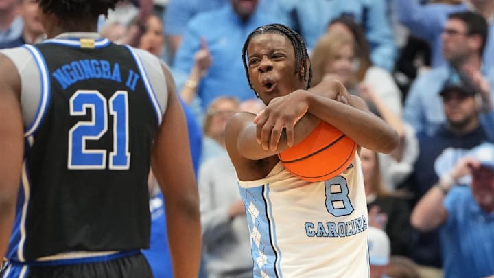 Feb 7, 2026; Chapel Hill, North Carolina, USA; North Carolina Tar Heels forward Caleb Wilson (8) reacts in the second  half at Dean E. Smith Center. Mandatory Credit: Bob Donnan-Imagn Images