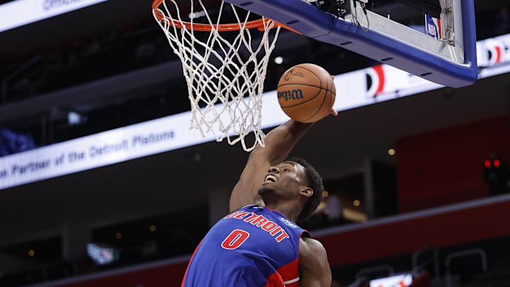 Dec 6, 2023; Detroit, Michigan, USA;  Detroit Pistons center Jalen Duren (0) shoots in the first
