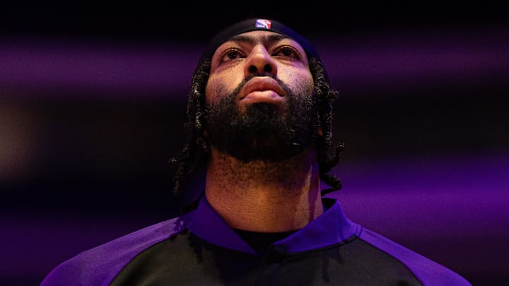 Jan 28, 2025; Philadelphia, Pennsylvania, USA; Los Angeles Lakers forward Anthony Davis stands for the anthem before action against the Philadelphia 76ers at Wells Fargo Center. Mandatory Credit: Bill Streicher-Imagn Images