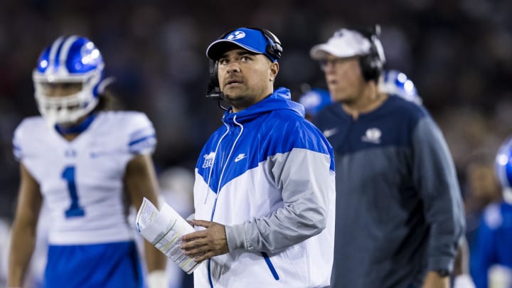 Nov 26, 2022; Stanford, California, USA;  Brigham Young Cougars head coach Kalani Sitake looks on during a time-out the first half against the Stanford Cardinal at Stanford Stadium. Mandatory Credit: John Hefti-USA TODAY Sports