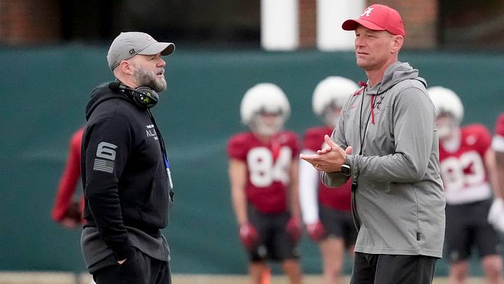 Mar 5, 2025; Tuscaloosa, AL, USA; Offensive coordinator Ryan Grubb and head coach Kalen DeBoer talk during Spring Practice for the Crimson Tide. Mar 5, 2025; Tuscaloosa, AL, USA; Offensive coordinator Ryan Grubb and head coach Kalen DeBoer talk during Spring Practice for the Crimson Tide.