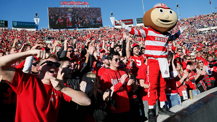 Brutus Buckeye stands with Ohio State fans during the first quarter of the Rose Bowl against the Washington Huskies in Pasadena, Calif. on Jan. 1, 2019.