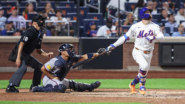 New York Mets left fielder Brandon Nimmo hits a three-run home run in the fourth inning against the Atlanta Braves at Citi Field.