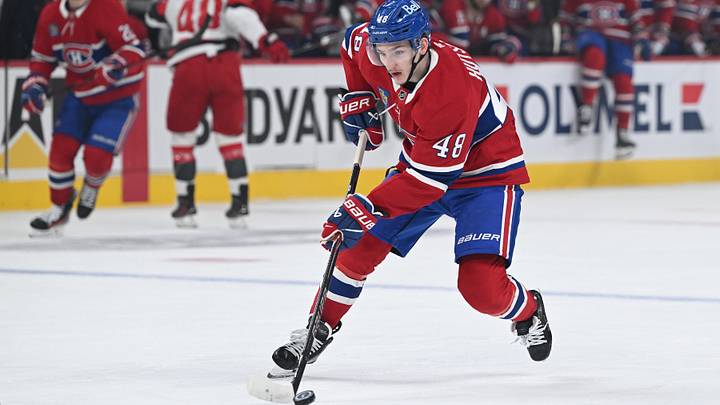 May 27, 2026; Montreal, Quebec, CAN; Montreal Canadiens defenseman Lane Hutson (48) skates with the puck during the first period in game four of the Eastern Conference Final of the 2026 Stanley Cup Playoffs at Bell Centre. Mandatory Credit: David Kirouac-Imagn Images