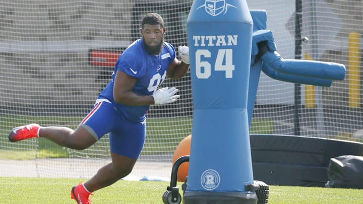 Bills defensive tackle Ed Oliver cuts around a blocker as he puts in work alone on the practice field during the second day of Buffalo Bills training camp at St. John Fisher University on Thursday, July 24, 2025, in Pittsford.