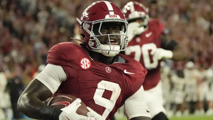 Sep 6, 2025; Tuscaloosa, Alabama, USA;  Alabama running back Richard Young (9) celebrates scoring against UL Monroe at Saban Field at Bryant-Denny Stadium. Mandatory Credit: Gary Cosby Jr.-Imagn Images