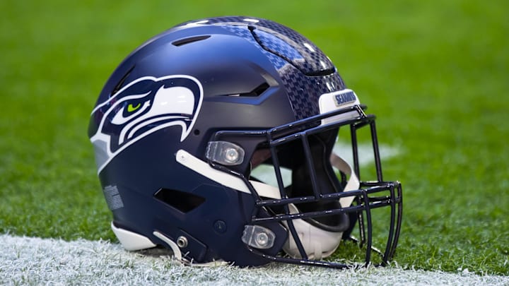 Jan 9, 2022; Glendale, Arizona, USA; Detailed view of a Seattle Seahawks helmet at State Farm Stadium.  