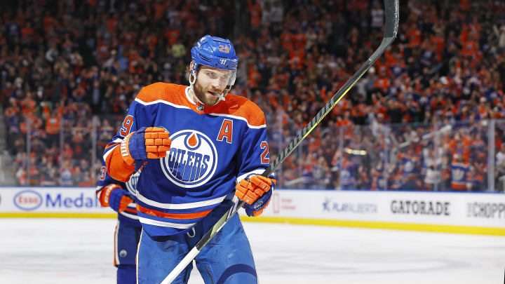 Mar 13, 2024; Edmonton, Alberta, CAN; Edmonton Oilers forward Leon Draisaitl (29) celebrates after scoring a goal during the first period against the Washington Capitals at Rogers Place. Mandatory Credit: Perry Nelson-USA TODAY Sports