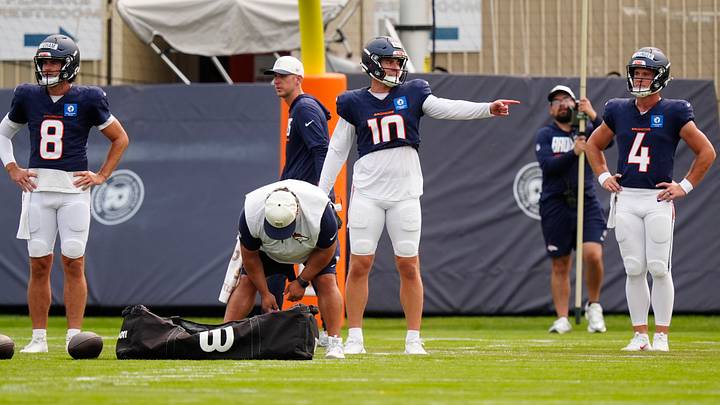 Aug 3, 2026; Englewood, CO, USA; Denver Broncos quarterback Bo Nix (10), quarterback Jarrett Stidham (8) and quarterback Sam Ehlinger (4) during training camp at Broncos Park. Aug 3, 2026; Englewood, CO, USA; Denver Broncos quarterback Bo Nix (10), quarterback Jarrett Stidham (8) and quarterback Sam Ehlinger (4) during training camp at Broncos Park.