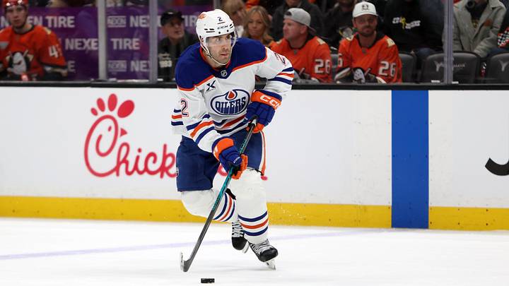 Apr 24, 2026; Anaheim, California, USA;  Edmonton Oilers defenseman Evan Bouchard (2) skates with the puck during the third period against the Anaheim Ducks in game three of the first round of the 2026 Stanley Cup Playoffs at Honda Center. Mandatory Credit: Kiyoshi Mio-Imagn Images