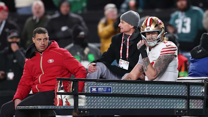 George Kittle was carted off with a torn achilles during the 49ers’ win over the Eagles on Sunday. 