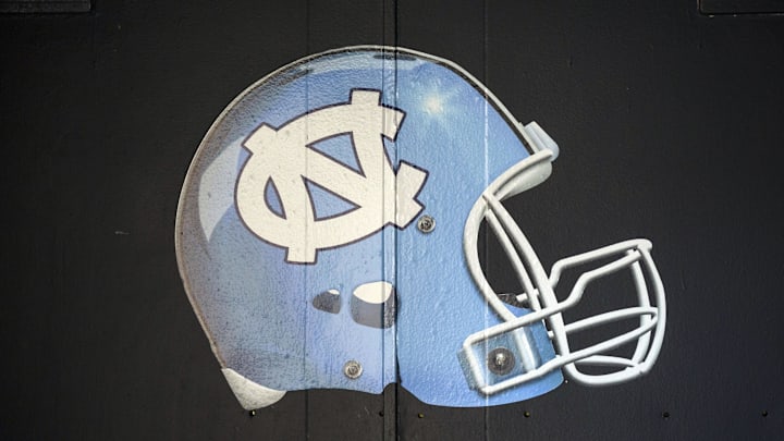 Dec 30, 2016; El Paso, TX, USA; A view of the North Carolina Tar Heels logo and helmet outside their locker room before facing the Stanford Cardinal at Sun Bowl Stadium. Mandatory Credit: Ivan Pierre Aguirre-Imagn Images