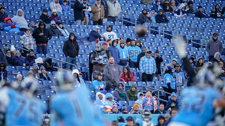 Tennessee Titans fans look on during the fourth quarter against the Jacksonville Jaguars at Nissan Stadium in Nashville, Tenn., Sunday, Nov. 30, 2025. Tennessee Titans fans look on during the fourth quarter against the Jacksonville Jaguars at Nissan Stadium in Nashville, Tenn., Sunday, Nov. 30, 2025.
