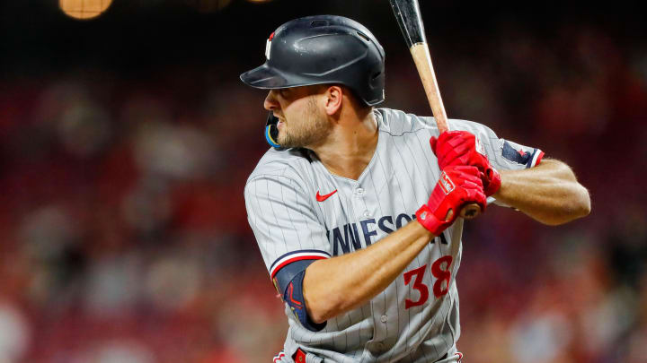 Sep 18, 2023; Cincinnati, Ohio, USA; Minnesota Twins left fielder Matt Wallner (38) at bat during the seventh inning against the Cincinnati Reds at Great American Ball Park. Mandatory Credit: Katie Stratman-USA TODAY Sports Sep 18, 2023; Cincinnati, Ohio, USA; Minnesota Twins left fielder Matt Wallner (38) at bat during the seventh inning against the Cincinnati Reds at Great American Ball Park. Mandatory Credit: Katie Stratman-USA TODAY Sports